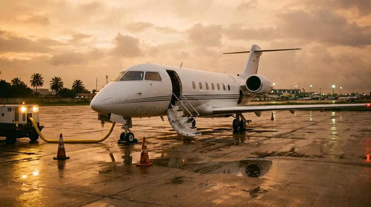 Private jets for sale in Africa, business jet on an African airport apron at dusk