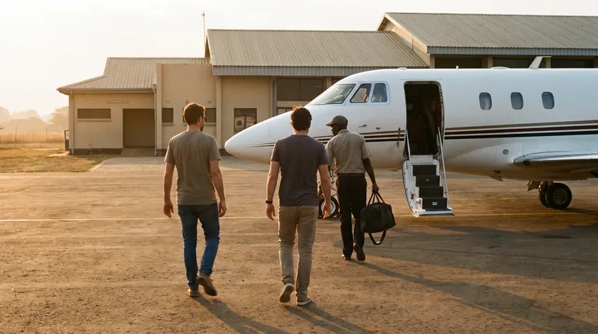 Private jet charter in Africa, passengers boarding at a general aviation terminal