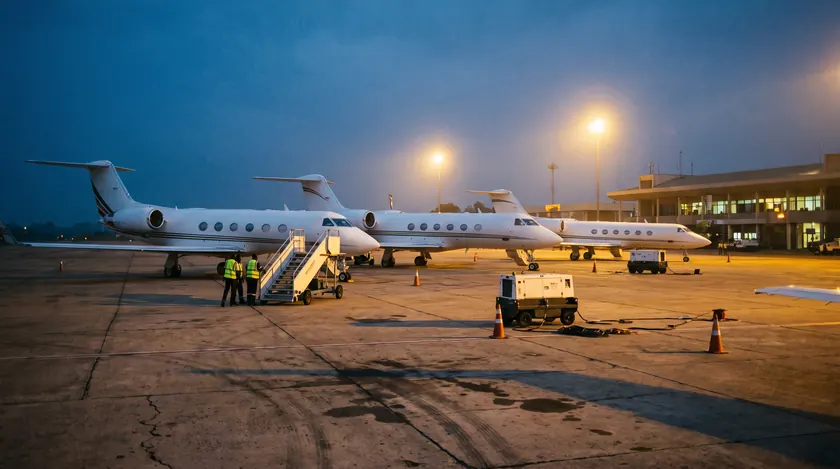 Pre-owned private jets for sale on an African airport apron